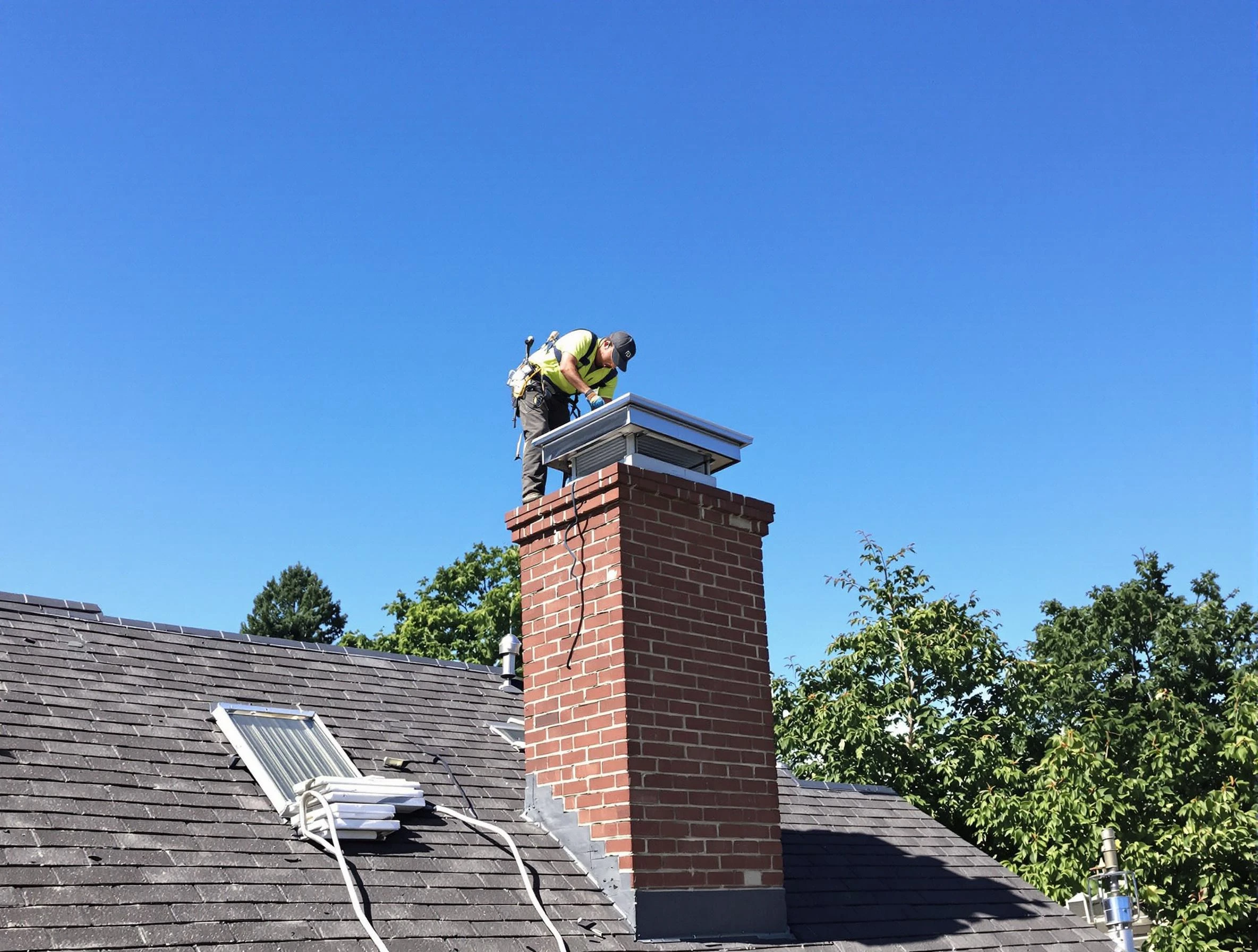 Kennedy Chimney Sweep technician measuring a chimney cap in Kennedy, PA
